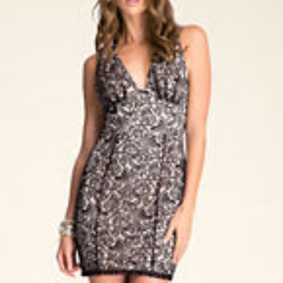 Bebe Deep V Lace Dress Color: BLACK/NUDE - Picture 1 of 3